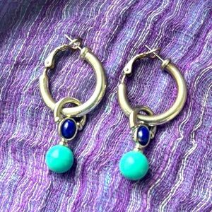 Vintage AGATHA Paris Silver Hoop Earrings Turquoise Lapis Blue Charms